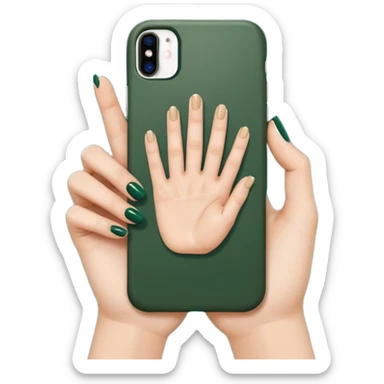 female hand with nude manicure showing 5 fingers holding an iPhone in a dark green case, clean background, emoji style sticker