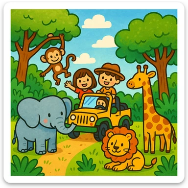 digital illustration of jungle safari in the style of children's illustration   sticker