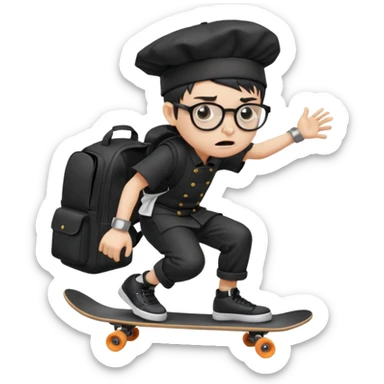 ["An angry boy  wearing a chef hat and square glasses, dressed in goth fashion, is skateboarding while holding a backpack."] sticker
