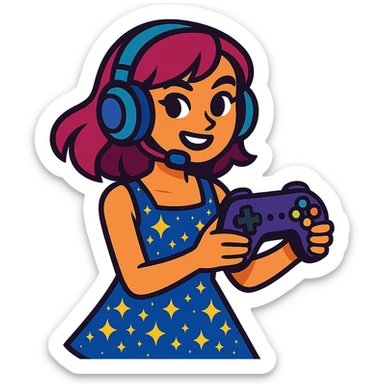 gamer girl in a sparkling dress holding a game controller sticker