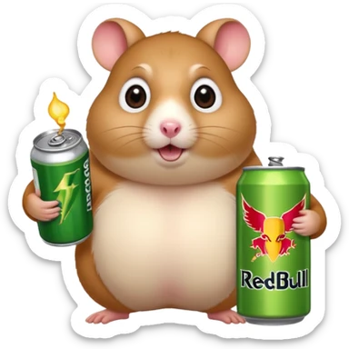 Funny cartoon-style fat hamster with big wide eyes  holding a can of monster energy in one hand and redbull in the other hand sticker