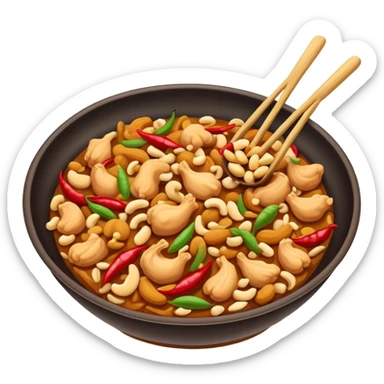 Kung Pao Chicken with peanuts and dried chilies in wok, simplified emoji style with bold outlines and bright colors, cartoon style Gongbao Jiding classic stir-fry sticker