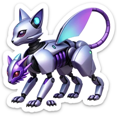 exotic iridescent silver and purple cyber-Protogen-Fakémon-Pokémon-Vernid-robot-feline-creature sticker