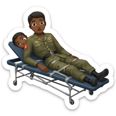 
a man of oriental appearance, dressed in torn clothes, full length, unconscious, in a prone position, with injuries on a black military stretcher, 1980 sticker