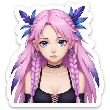 Gorgeous beautiful pretty grumpy anime lady long-pale-pastel-pink-hair with one braid on each side, hanging purple feather-ear-cuffs with pink tips in hair, black bodysuit, blue eyes, pink iris, ethereal, fashion aesthetic  sticker