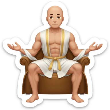 fullbody jacked bald guy, sleeveless and unbuttoned in full white robe sitting without chair and hands down sticker