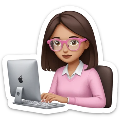 woman emoji with light pink glasses working on computer, light skin, long dark brown hair sticker