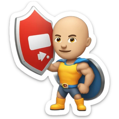 Bald muscular Man with a big round traffic sign in his hand which he uses as a shield sticker