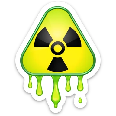 radioactive hazard symbol stylized to look like it is melting. The symbol is bright neon green and toxic yellow, with smooth dripping edges like liquid. sticker