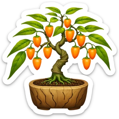 Very Large decorative gnarled bonsai pepper plant with tiny round orange-yellow peppers on it  sticker
