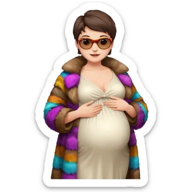 pregnant stylish woman with short pixie brunette hair happily touching her big belly while wearing white dress and fancy brown fur coat and colorful shades sticker