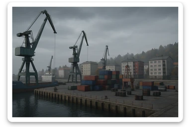 a screenshot of the game DayZ videogame, the harbor in a Scandinavian port town, industrial harbor at apartment blocks sticker
