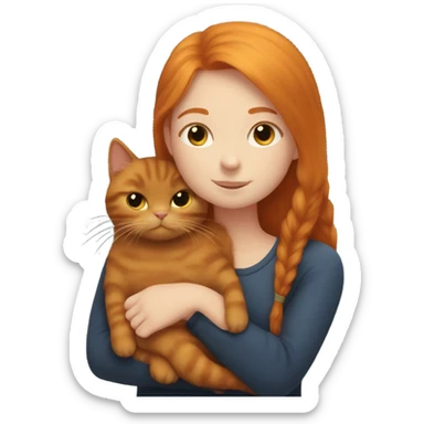 Ginger girl with straight hair cuddling with a very fluffy black cat  sticker