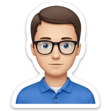 Scott The Woz Young white man, late 20s, short brown hair, blue eyes, clean-shaven, thin black rectangular glasses, slim build, wearing a blue polo shirt, friendly and energetic look. sticker