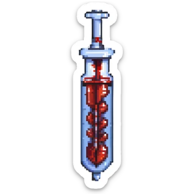 medical syringe filled with blood, minimal shading, pixel art style sticker