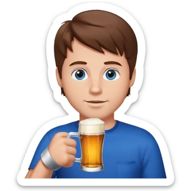 A guy with brown haies and blue eyes  that drinks a beer sticker