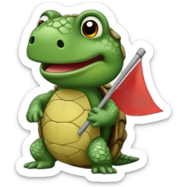 A cute green little snapping turtle with a red warning flag sticker