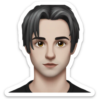 White fair skin, straight hair in a wolf haircut, black coloured hair, grundge aesthetic, beautiful face, British, stylist, aesthetic sticker