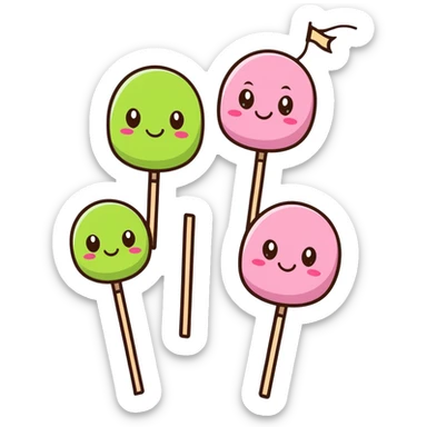 Cute kawaii Japanese dango with happy face, three colorful rice balls on a stick with pink, white, and green colors sticker