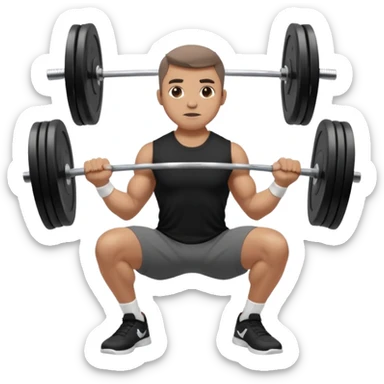 Hombre vestido con playera negra, pants gris y tenis blancos tipo jordan haciendo sentadilla libre con barra con un disco de 20 kilos por lado  sticker