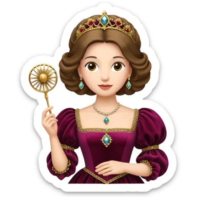 An emoji portrait of a Renaissance Italian princess. She wears a sumptuous velvet gown with a square neckline and puffed sleeves. Her hair is styled with a jeweled ferronnière, and her expression is poised and intelligent. She is holding a small, delicate fan. sticker