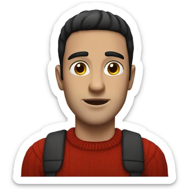 A white man with black hair and hazel eyes and a red jumper sticker