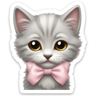 sad small fluffy light gray kitten with pale pink bow sticker