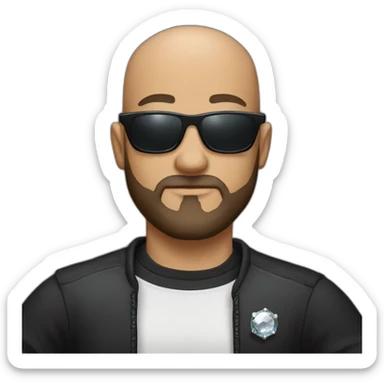 bald man with black shirt having sunglasses and a beard arms akimbo with a diamond watch sticker