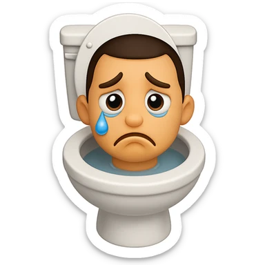 Create an image in the style of apple emojis of a toilet with a cartoonish, exaggerated head emerging from the bowl, looking sad with teary eyes and a downturned mouth. Use a transparent background. sticker