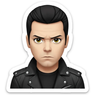 Richard Kruspe, rockstar attitude, dark hair, hint of eyeliner, black jacket sticker