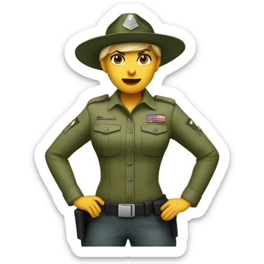 a female drill sergeant showing full torso wearing a classic sergeant hat and a camouflage army shirt. The character should have an angry intense expression.  sticker