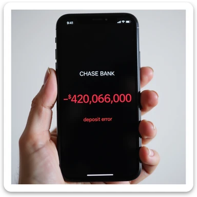 a iphone screenshot showing a chase bank balance of -$420,069,000, "deposit error" the numbers are shown in red, indicating a negative balance sticker
