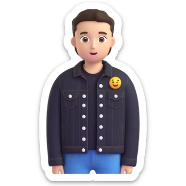 Change the boy's outfit to a black denim jacket with white buttons, keeping the 3D emoji style unchanged. sticker
