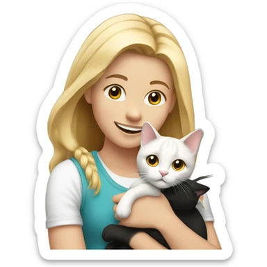 Blonde smiling girl holding a black and white cat indoors sticker