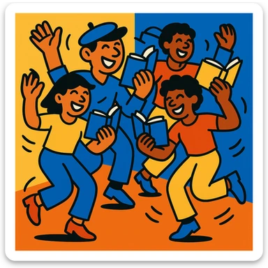 Group dance with multiple people dancing and reading books, dynamic movement, cheerful mood, vibrant and playful style sticker