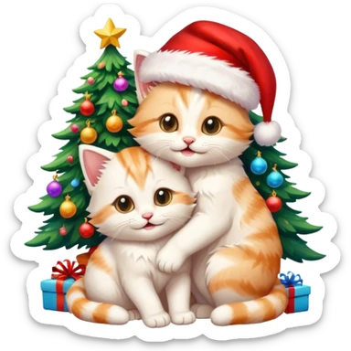 two hugging cream and white happy fluffy cute smiling kittens with Santa hats by a colorful multicolored brightly lit up Christmas tree sticker