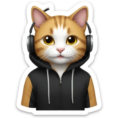 a cat wearing a black hoodie with wearing black headphones  sticker