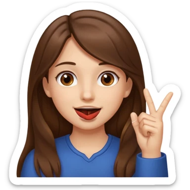 Emoji Fille cheveux long et brun yeux brun avec un doigt dans la bouche et sa mains un peut lancer et quel elle sourit  sticker