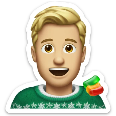 White guy in eagles Christmas sweater eating a gummy sticker