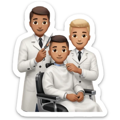 Barber cutting boys hair. Show the boy sat in black barber chair and both having smiles on their faces sticker