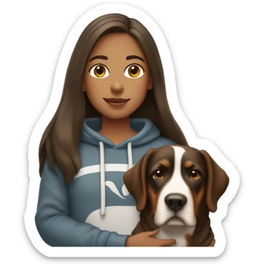 girl with long brown hair in a sweatshirt holding a greater swiss mountain dog sticker