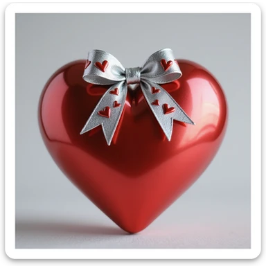 realistic heart with a silver bow decorated with heart pattern on the bow, photorealistic style sticker