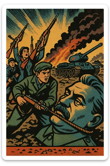 A picture of The Hungarian Uprising 1956 with the head of stalin's statue being pulled down by armed protestors with burnt out Russian tanks in the background sticker