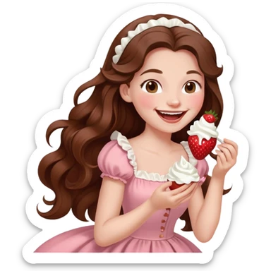 Girl with long brown hair eating strawberries and whipped cream, laughing pale pink elegant timeless  sticker