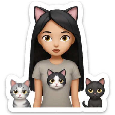 a pretty bratz dusky girl with long straight hair with four cats nd wearing a grey tshirt sticker