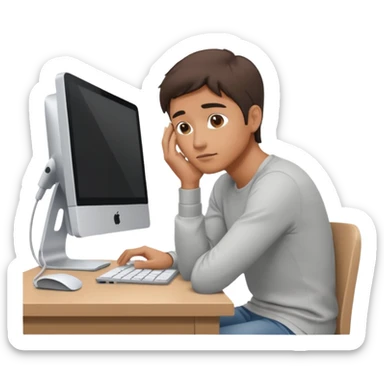 emoji of a man sitting at the table with an imac on it, a man is sitting in a very thoughtful pose, he has his hands on the table and his head resting on them sticker