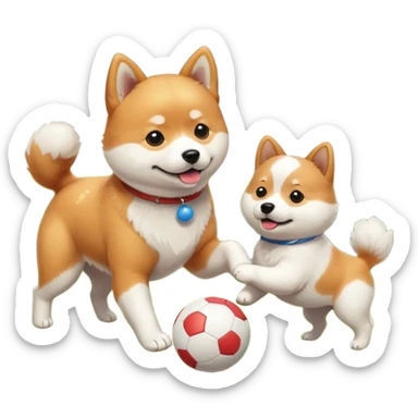 2 dogs, a ginger shiba inu and a small white dog breed coton de tulear, playing with a ball in a sunny garden sticker