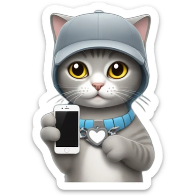 grey shorthair cat wearing a brige cap and holding iphone on one hand sticker