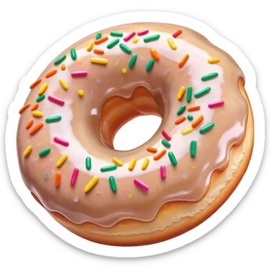 Cinematic Realistic Donut Dessert Emoji, depicted as a fluffy glazed donut with colorful sprinkles rendered with detailed textures and playful, warm lighting. sticker