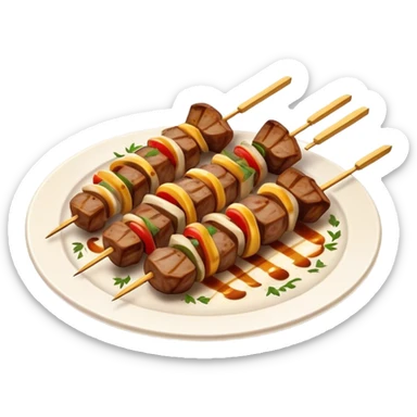 Cinematic Realistic Souvlaki Dish Emoji, showcasing skewered, grilled meat with Mediterranean spices rendered with dynamic textures and warm, appetizing lighting. sticker